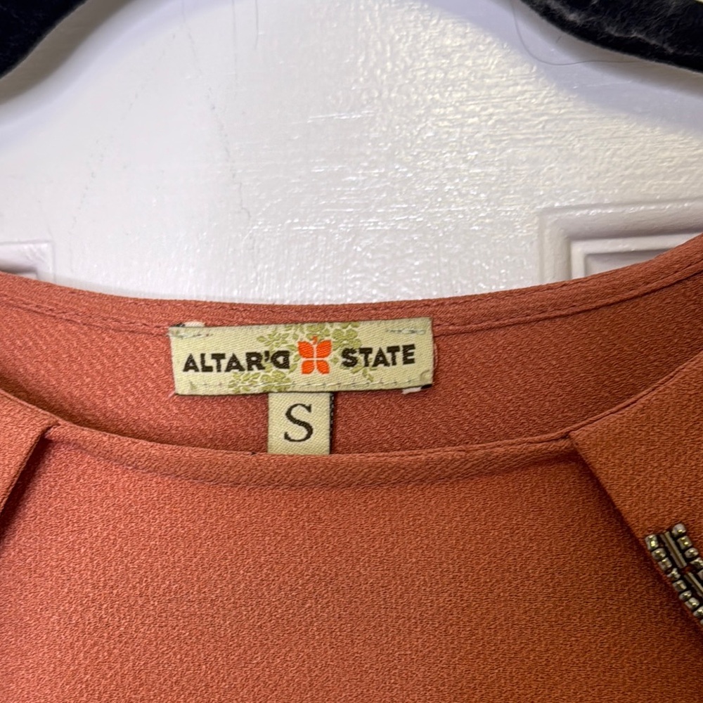 Altar'd State Orange Blouse with Peter Pan Collar and Embellishments PTP 18”-19” - Picture 2 of 10
